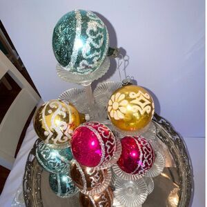 9 vintage glitter multi color Christmas ornaments made in Poland with box